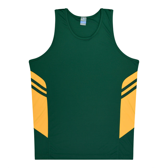 TASMAN MENS SINGLETS - BOTTLE/GOLD