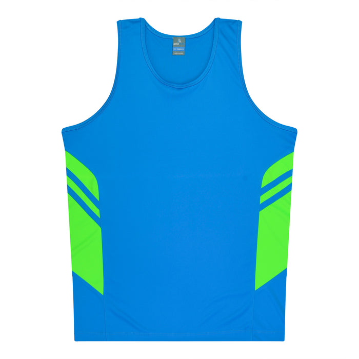 TASMAN MENS SINGLETS - CYAN/NEON GREEN
