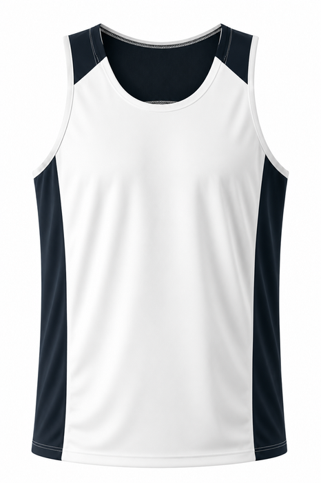 PREMIER MENS SINGLETS - WHITE/NAVY