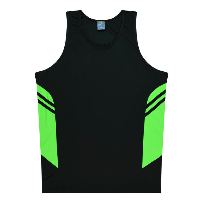 TASMAN MENS SINGLETS - BLACK/NEON GREEN