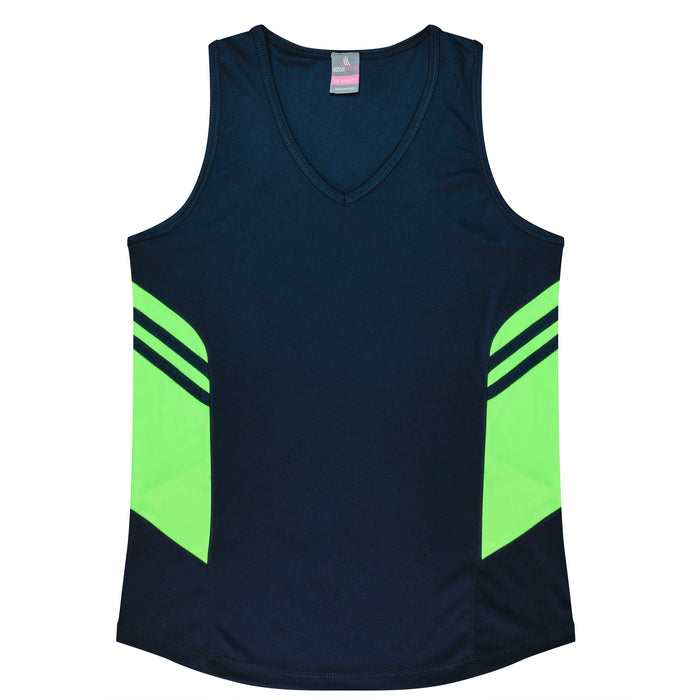 TASMAN LADY SINGLETS - NAVY/NEON GREEN