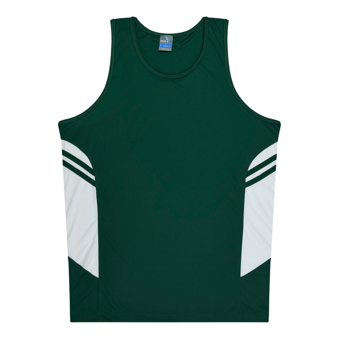 TASMAN MENS SINGLETS - BOTTLE/WHITE