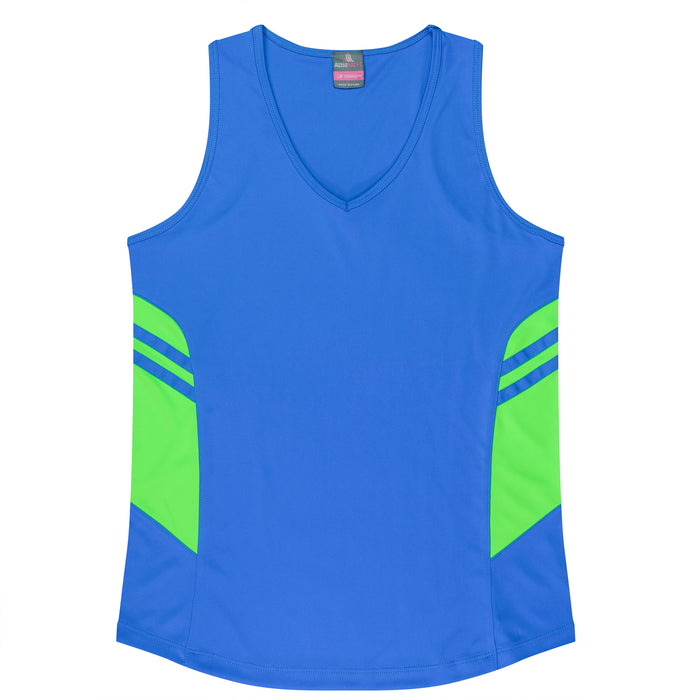 TASMAN LADY SINGLETS - CYAN/NEON GREEN