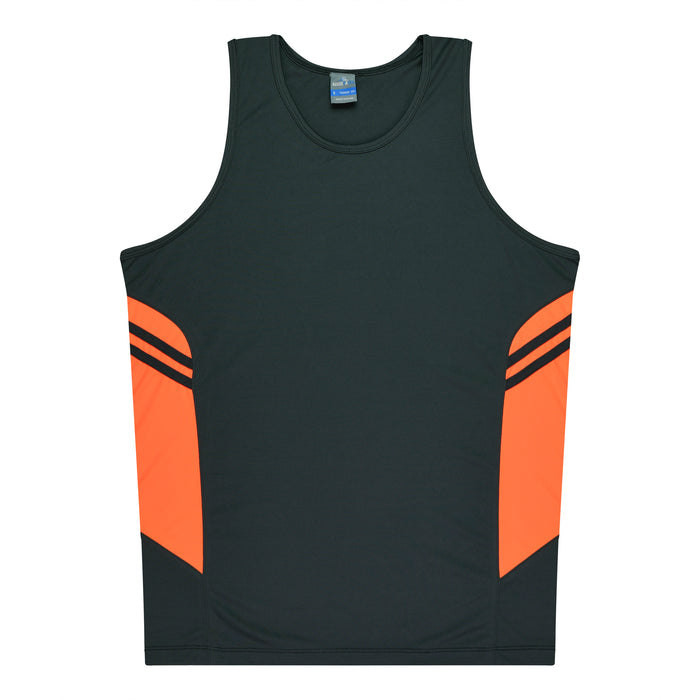 TASMAN MENS SINGLETS - SLATE/NEON ORANGE