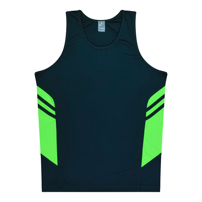 TASMAN MENS SINGLETS - NAVY/NEON GREEN