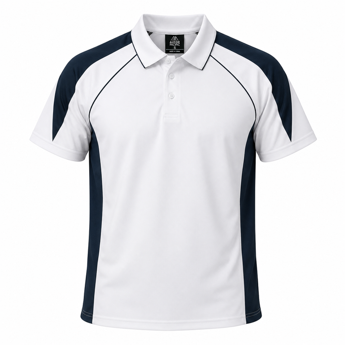 PREMIER MENS POLOS - WHITE/NAVY